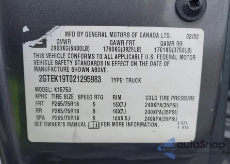 2002 GMC Sierra 1500 Sle из США, поврежденный, VIN 2GTEK19T021295983